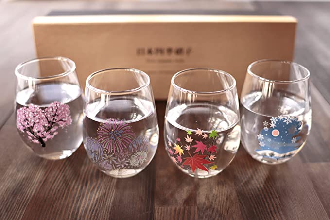 丸モ高木陶器 冷感日本四季 フリーグラス揃 桜 花火 紅葉 雪 春夏秋冬
